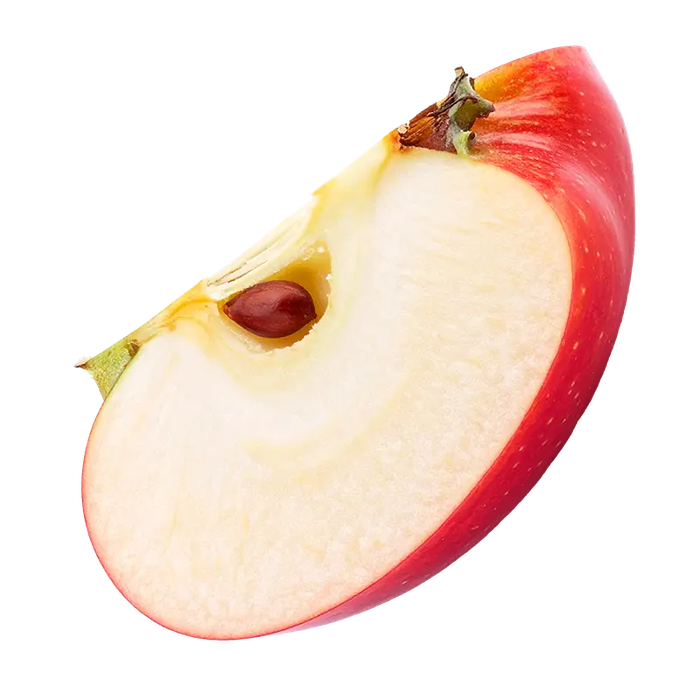 A cut slice of red apple on a transparent background
