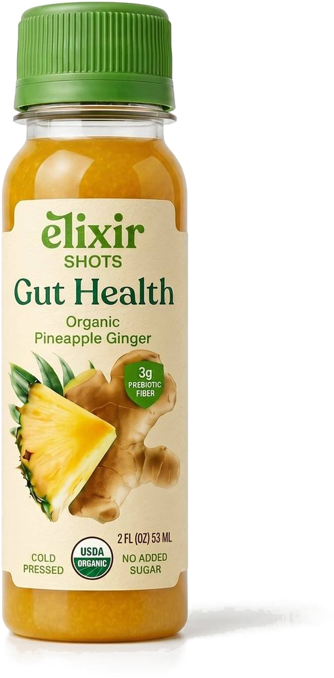 An Elixir Gut Health organic pineapple ginger shot bottle